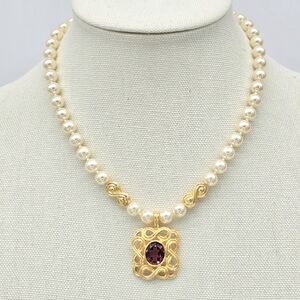 Swarovski Faux Pearl Necklace 17” Long Gold Tone Amethyst Crystal Pendant